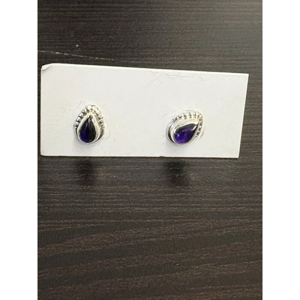 Petite 925 Solid Sterling Silver Genuine Amethyst Bezel Set Post Earrings - Picture 8 of 12